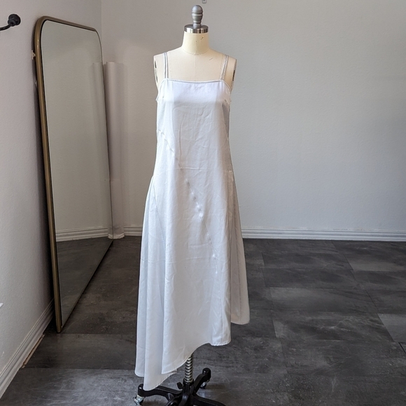 Nap Asymmetrical Hem Square Neckline Satin Slip Dress Gray M leisure luxury - Picture 1 of 9